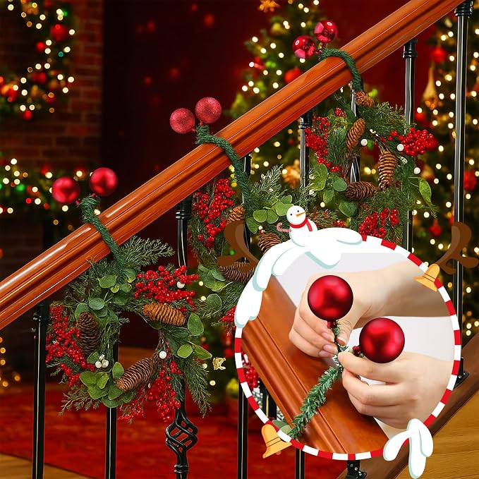 Dingion 30 Pcs 20 Inches Christmas Garland Ties with Balls Decorative Twist Ties for Banister Stairs Railing Reusable Flexible Twist for Home Xmas Holiday Decor Gift Craft Wrapping(Red)