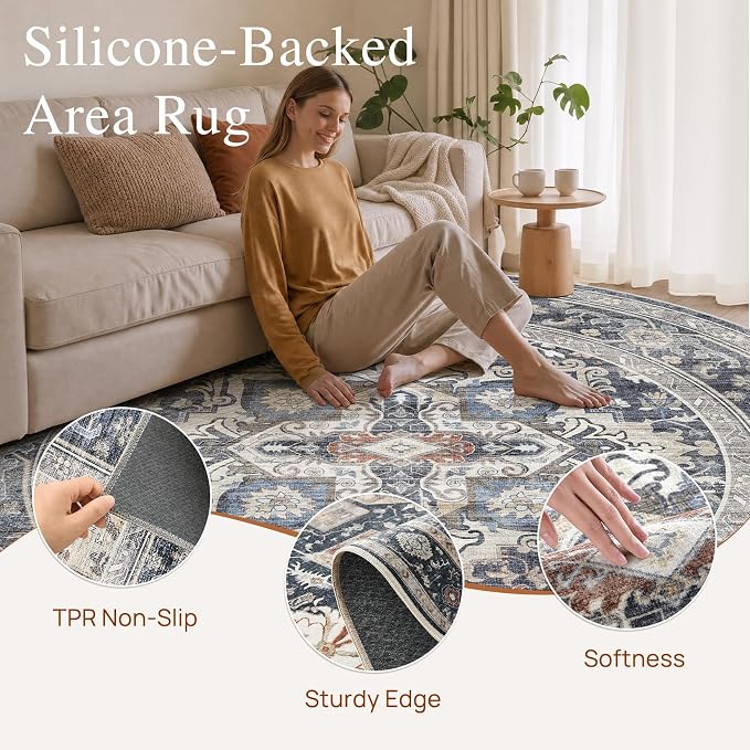 Round Washable Area Rug 8ft, Boho Vintage Distressed Oriental Medallion, Neutral Blue, Thin Carpet for Living Room Bedroom Home Office Decor -Blue