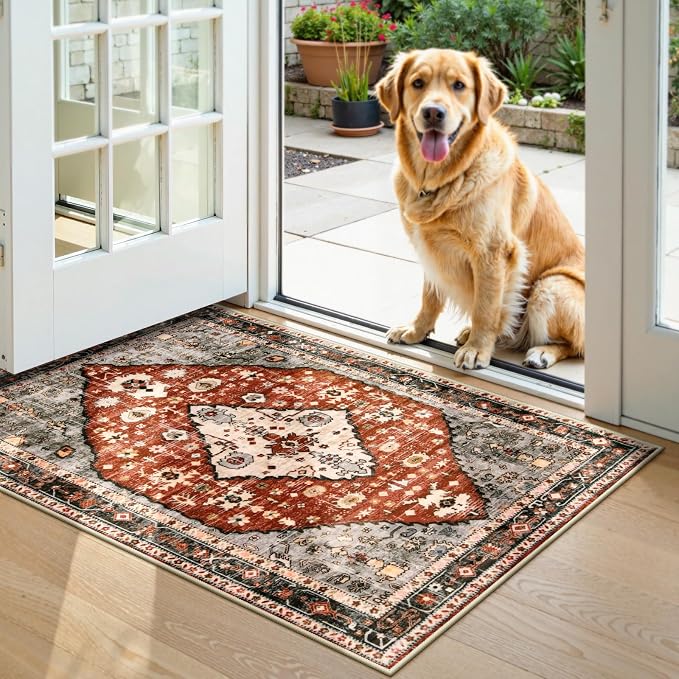 Lahome Felice Boho Tribal Area Rug - 2x3 Small Red Oriental Entryway Rugs for Bedroom, Soft Washable Non Slip Bathroom Mat Indoor Throw Carpet for Laundry Room Foyer Bedside Living Room