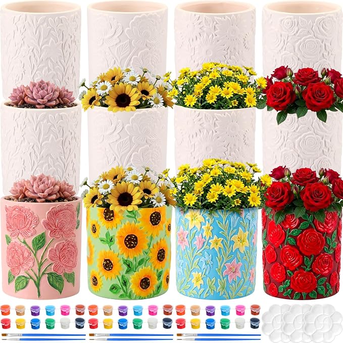 Zubebe 12 Pcs Paint Your Own Ceramic Pots Bulk Unfinished Succulent Pots Craft Kit with Drainage Hole Mini Paintable Plant Vase Ready to Paint Planter for Cactus DIY Craft (Elegant Flowers Cylinder)
