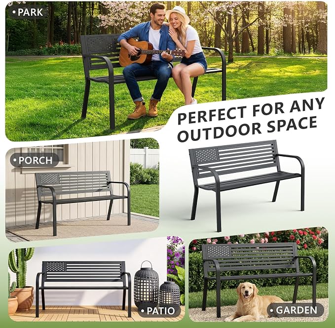 Outdoor Garden Bench with Classic Stars and Stripes Metal Backrest 2 Pack, Metal Bench, 2-Person Patio Bench for Outside Seating, Cast Iron Steel Porch Yard Lawn Furniture, Black