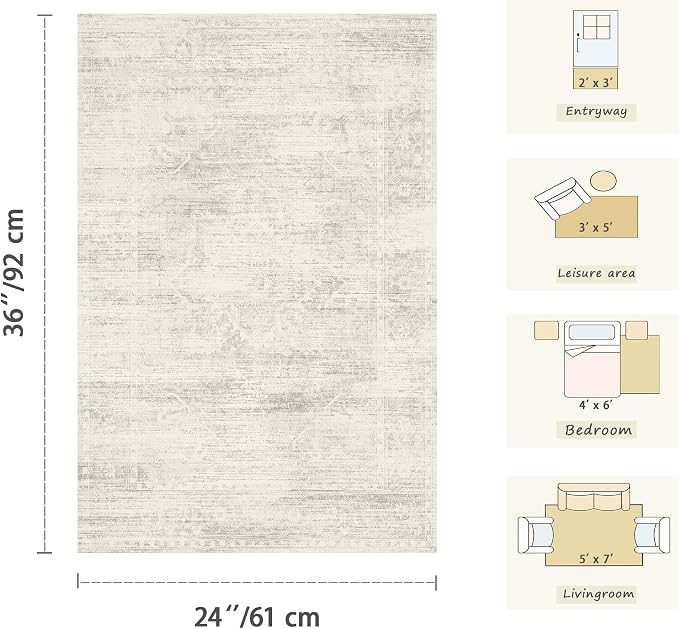 Latte&Fog Washable 2x3 Entryway Rug Vintage Ivory Area Rugs Non Slip | Low Pile Non Slip Soft Throw Rug Doormat for Entrance Bathroom Laundry Bedroom Nursery Playroom Hallyway Dorm Decor Office