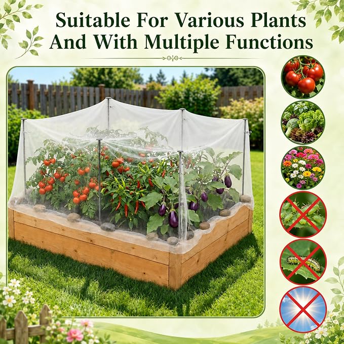 DECOHS Metal Garden Shading Cloth Kit, 6 Pack 2.6ft Raised Garden Bed Sunshade Support Stakes with 13x10ft Non-Woven Fabric, 12 pcs Clips for Protect Plants Vegetable from Direct Sunlight Heat Sunburn