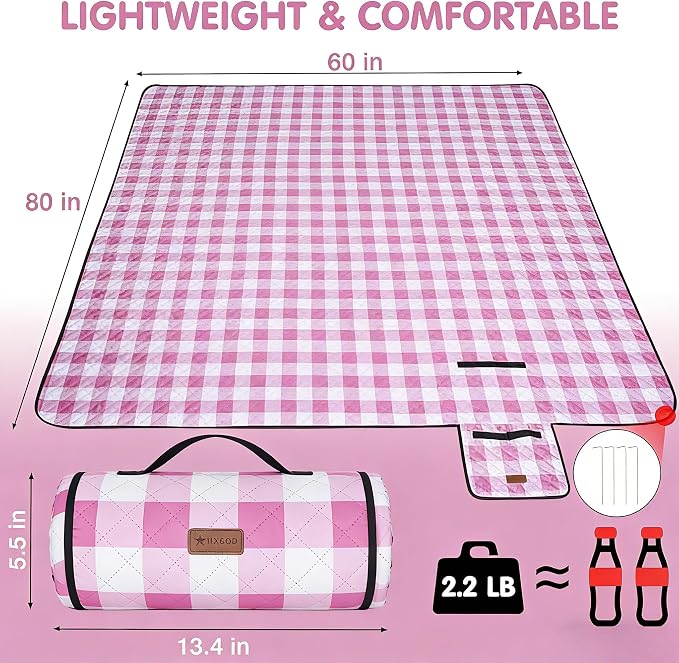 HX&OD Outdoor Picnic Blanket, Extra Large, 80''x60'' Waterproof Foldable Blankets Gingham Picnic Mat for Beach, Camping Grass Lawn Park Accessories Cute Couple Ideas Wedding (Pink, 80”x60”)