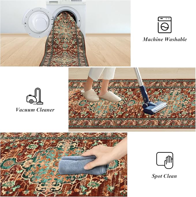 U'Artlines 2' x 14' Boho Hallway Runner Rug, Washable Carpet, Rust＆Teal | Non Slip, Vintage Farmhouse Accent Area Rug Carpet, for Kitchen Entryway Laundry and Living Room