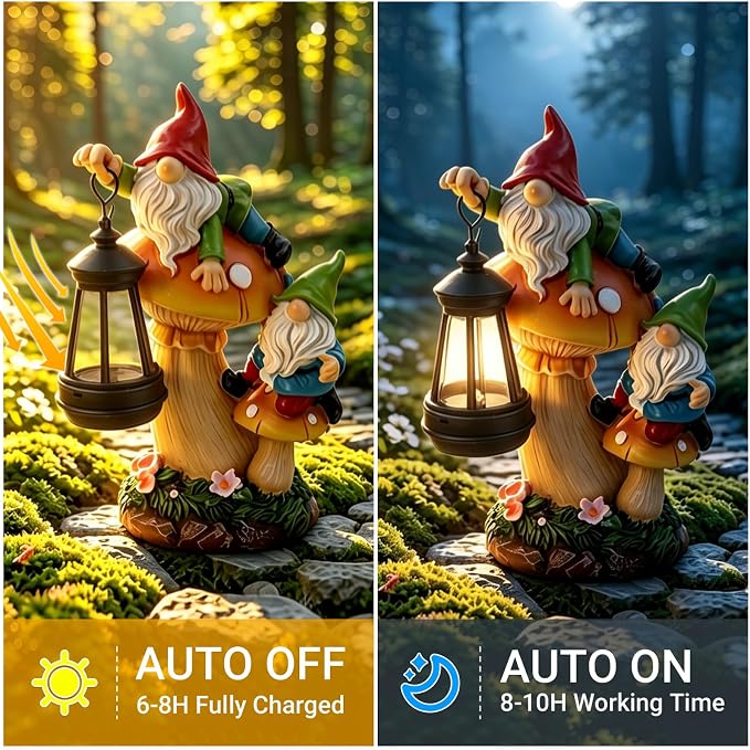 Solar Garden Gnome Statue Climbing on Mushroom with LED Lantern | Waterproof Resin Decor for Fairy Garden, Porch & Lawn, Handcrafted Funny Figurine, Unique Gift for Mom & Women