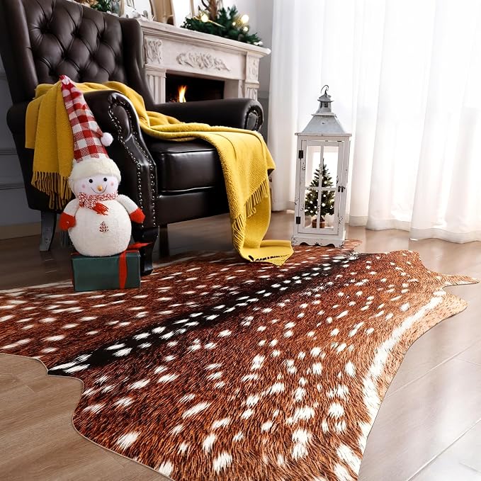 AROGAN Premium Deer Print Rug, Faux Animal Hide Rugs, Non-Slip 6.2x5.2 Ft | Machine Washable Animal Print Hide Leopard Skin Area Rug for Bedroom Living Room Home Decor Pet Friendly