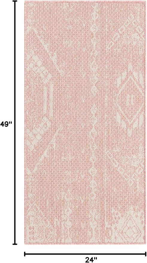 Unique Loom Outdoor Bohemian Collection Area Rug - Anthro (2' x 4' 1" Runner, Pink/ Ivory)
