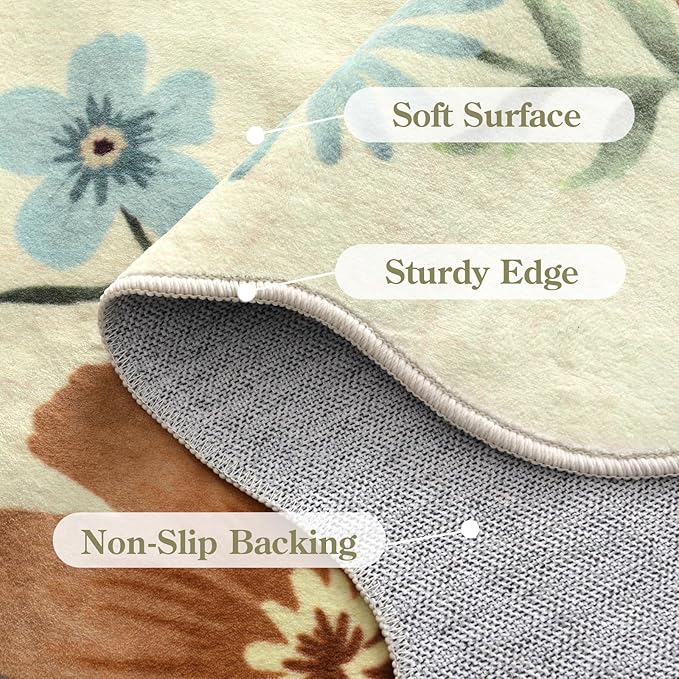 Lahome Floral Entryway Rug, 2x4 Washable Kitchen Rugs Non Slip Ultra-Thin | Front Door Mat Indoor Entrance Stain Resistant Boho Low-Pile Carpet for Entry Bathroom Bedroom Flore (2x4ft, Beige)
