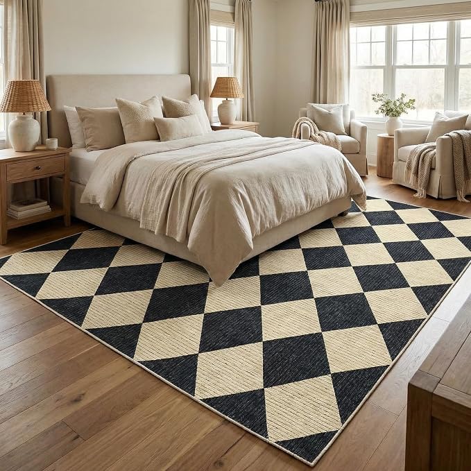 GarveeHome 6x9 Checkered Area Rug Black and Brown Washable Living Room Rug | Modern Geometric Farmhouse Carpet Soft Low Pile Non Slip Diamond Floor Mat Plaid Print Throw Rug for Dining Room Playroom