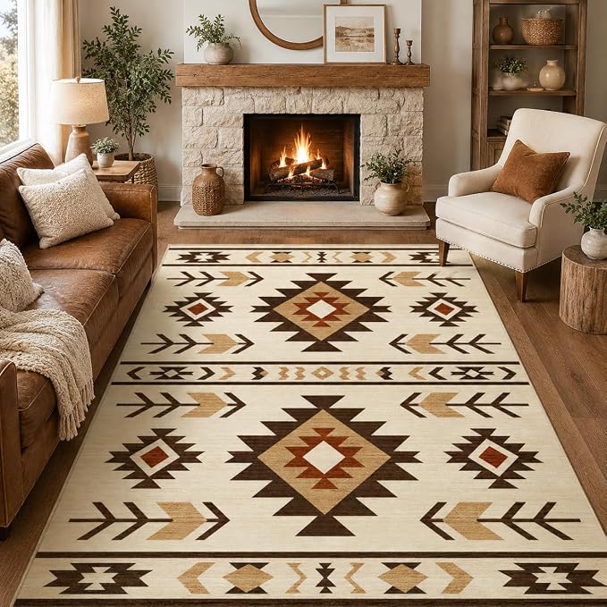 9x12 Area Rug for Living Room Western Rug Southwestern Aztec Tribal Rugs Southwest Navajo Machine Washable Non-Slip Printed Low-Pile Floor Carpet for Bedroom Dining Room Office, Camel