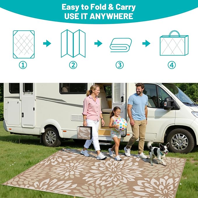 HEBE Waterproof Outdoor Rug 6x9 for Patios, Floral Reversible Plastic Straw Rug Patio Mat, Indoor Outdoor Carpet RV Mat Camping Rug for Deck, Camper, Porch, Balcony, Backyard, Picnic