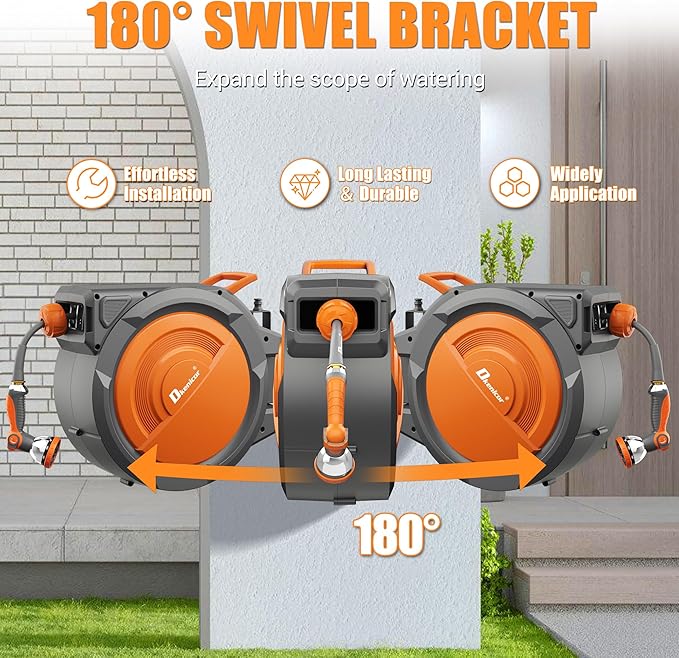 5/8" x 75 ft Retractable Hose Reel, Heavy Duty Retractable Garden Hose Reel Wall Mounted with 10-Pattern Hose Nozzle/Any Length Lock/Slow Return System/180°Swivel Bracket,Orange