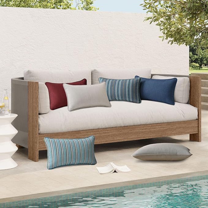 Unimatta Sunbrella Decorative Outdoor Water Repellent Throw Pillows with Inserts, Set of 4, 20" x12" Pillows for Patio, Backyard, Bed, Couch, and Patio Furniture, Spectrum Ruby