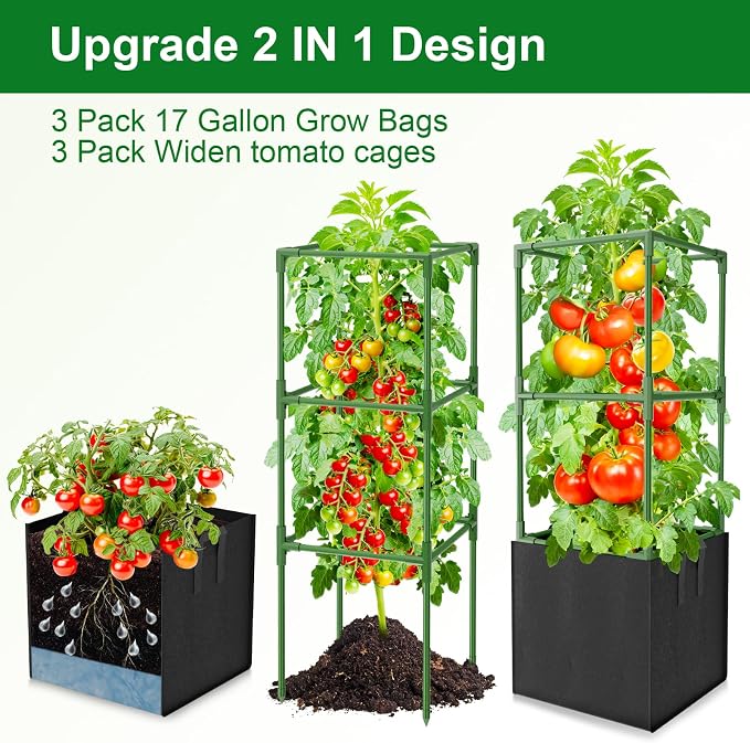 3 Pack Tomato Cages, Square Tomato Trellis with 17 Gallon Grow Bags,47IN Tall Heavy Duty Tomato Plant Support Stakes for Garden Climbing Vegetables Flowers Fruits (Extra-Bold, 3 Pack)