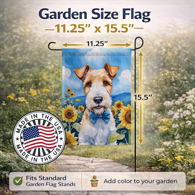 Caroline's Treasures DAC6079GF Fox Terrier in Sunflowers Garden Flag Mailbox Flag Decorative Yard Flag Banner Outside Patio Artwork Yard Flower Beds, Garden Size, Multicolor