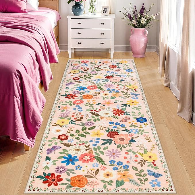 PLHXFR 2.6x8 Washable Runner Rug：Floral Indoor Kitchen Soft Carpet Beige | For Hallway Bedroom Kitchen Laundry Bathroom Dorm,Vintage Floral,Machine washable,Non Slip,Stain Resistant,Indoor Floor