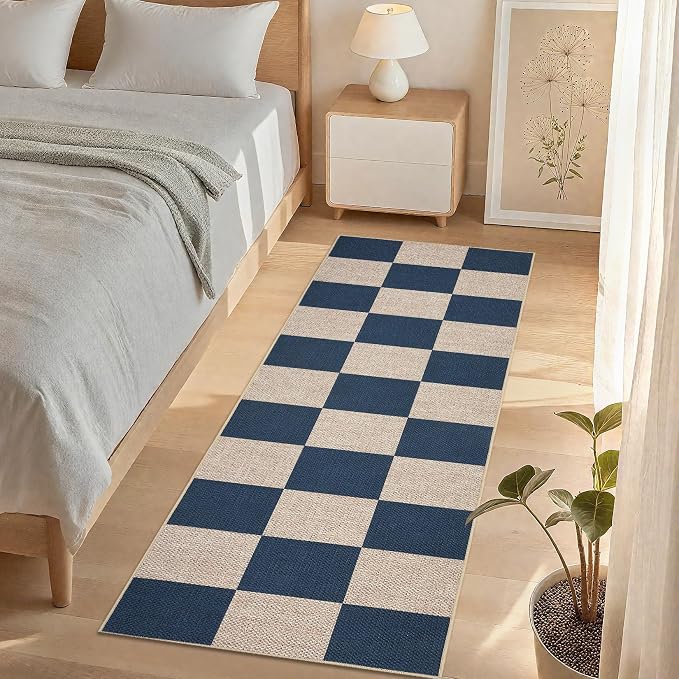 GarveeHome Easy Jute Rugs 2x8 Checkered Kitchen Runner Rugs Non Skid Washable Stain Resistant Indoor Outdoor Rugs for Living Room, Bedroom, Dining, Patio - Farmhouse Style Navy Blue