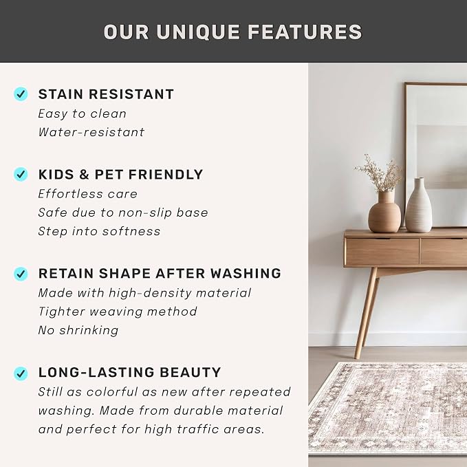 Washable Neutral Farmhouse Large Entryway Rug, 3x4 Area Rugs for Kitchen, Bedroom, Nursery Room, Boho Vintage Floral Non-Slip Throw Rug Low Pile Stain Resistant (3x4 Beige/Latte)