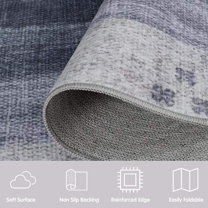 Neutral Geometric Grey 5x8 ft Large Rug for Living Room Bedroom | Contemporary Modern Area Rugs Vintage Washable Soft Faux Wool Low Pile Indoor Carpet for Dining Room Office Home Decor