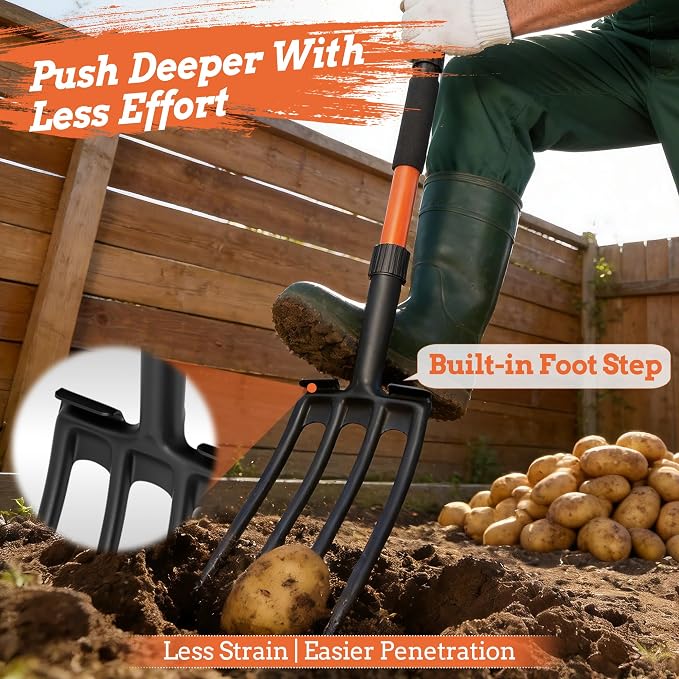 Garden Fork for Digging, 4-Tine Pitch Fork with Foot Step, Ergonomic Y-Handle & Comfortable Grip, Lightweight Durable Pitchfork for Soil Loosening, Compost, Mulch, Weeding & Potato Harvest - 43 Inches