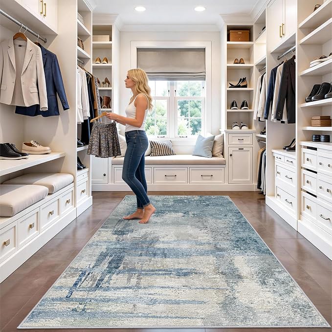 4x8 Blue Modern Abstract Rug:Wide Area Rug for Living Room, Bedroom | Machine Washable Non-Slip Soft Carpet - Pets Friendly Low Pile Floor Covering for Home 4x8 Blue
