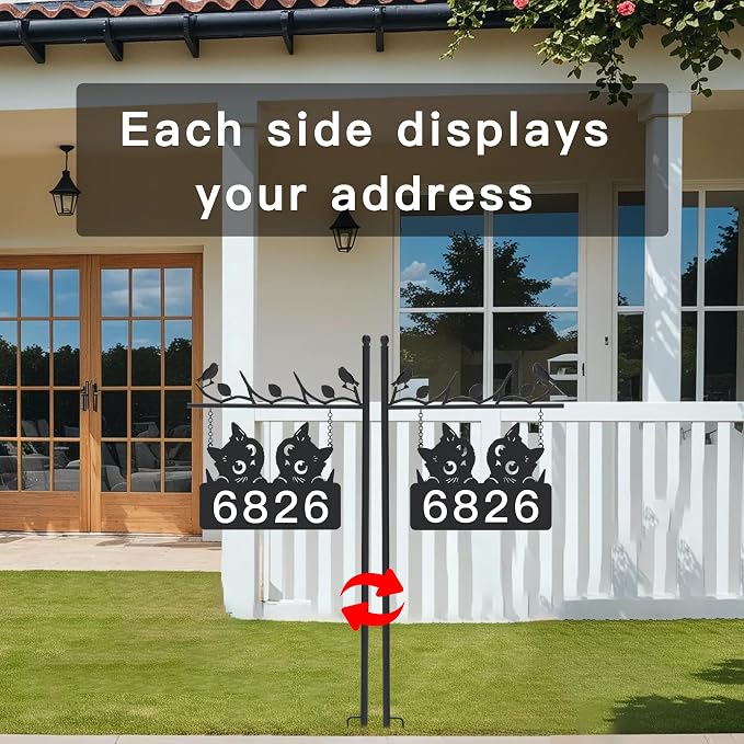 Metal Address Sign for Houses, House Numbers for Outside, Double-Sided Reflective Home Address Sign For Yard, Mailbox Decor Numbers, Address Plaques for High Visibility (Black Cat)