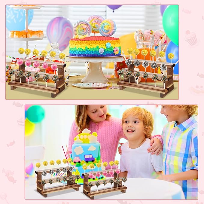 Tuanse 2 Pack Wooden Cake Pop Stand 3 Tier Cake Pop & Lollipop Display Holder with 100 Treat Bags Lollipop Sticks and Gold Twist Ties for Dessert Table Wedding Baby Shower Birthday Party(Acacia Wood)