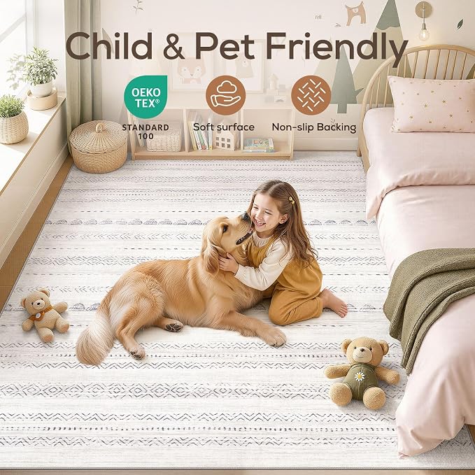 Nakagishi 7x10 Area Rug Living Room: Washable Boho Large Neutral Soft Farmhouse Modern Rugs Stain Resistant Moroccan Non-Slip Indoor Floor Carpet for Bedroom Nursery Playroom Office Dining Room- Gray
