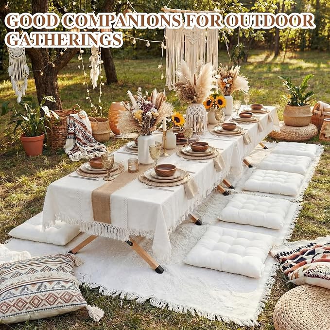 Novabright Picnic Kit Folding Picnic Table Extra Large Outdoor Boho Blanket Beige Table Runner Floor Pillow Covers Woven Cotton Oversize Washable for Camp Wedding(Cream White,Floor Cushions,20 Pcs)