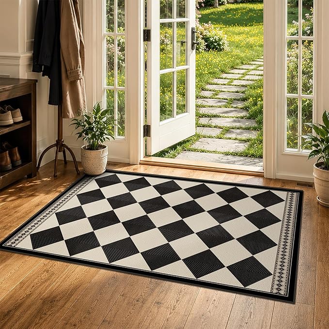 Black and White Diamond Outdoor Easy Jute Front Porch Rug 3x5, Washable Non-Slip Checkered Entryway Rug, Modern Farmhouse Boho Low Pile Indoor Beige White Carpet for Living, Kitchen, Mudroom, Laundry