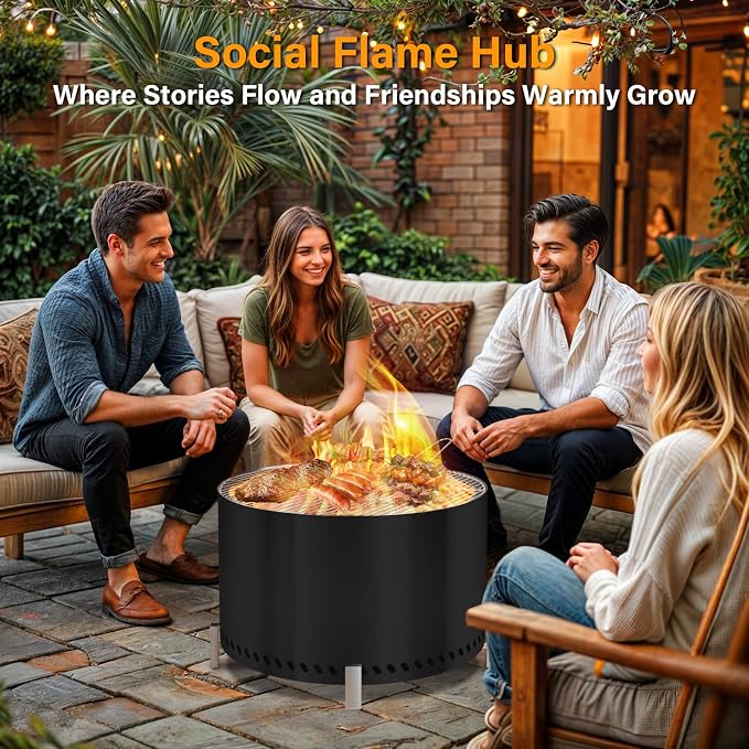 HGD 27.5" Smokeless Firepit with Stand & Grill Rack, Large Stainless Steel Wood Burning Fire Pit for Gatherings, Secondary Combustion Outdoor Patio Stove for Garden BBQ & Bonfire (Black)