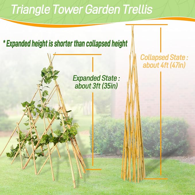 4ft Expandable Bamboo Teepee Trellis for Climbing Plants, Self-Standing Natural Bamboo Trellis for Plant Support, Folding Garden Trellis for Vines Flowers Vegetable Indoor Outdoor