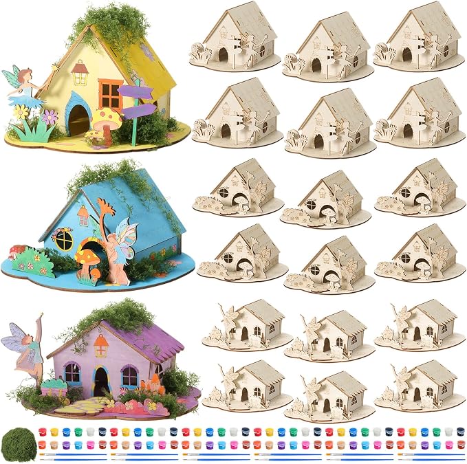 DoubleFill 18 Sets Wooden Fairy House DIY Kit Craft - DIY Fairy Garden with Paints & Decorations - Arts Crafts & Birthday Gift for Craft Activity Party Decor (Lovely Short)