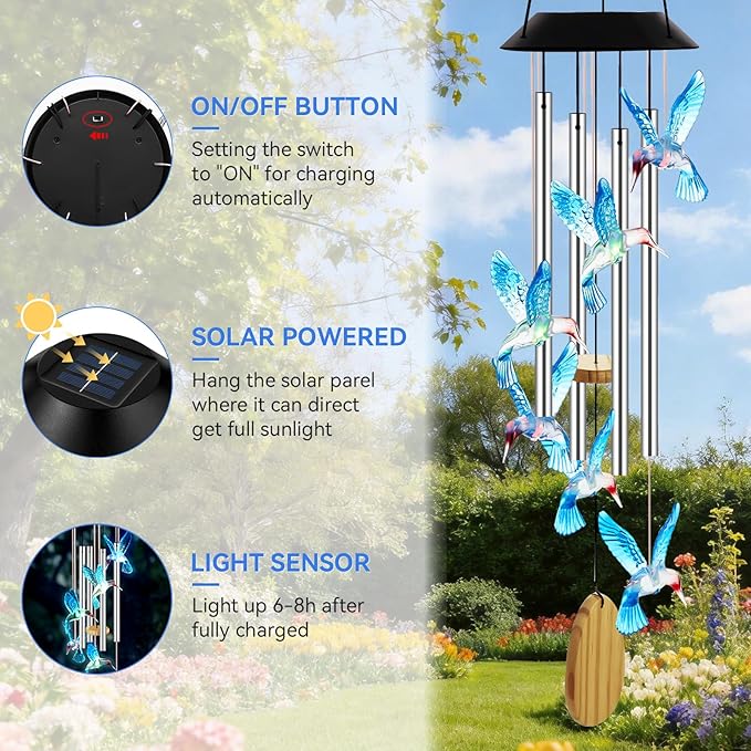 Wind Chimes for Outside, Solar Lights Outdoor Waterproof, Color Changing Hummingbird Light for Yard, Outdoor, Patio, Garden Decor, Wind Mobiles Gardening Gifts for Women, Mom, Wife, Blue Hummingbird
