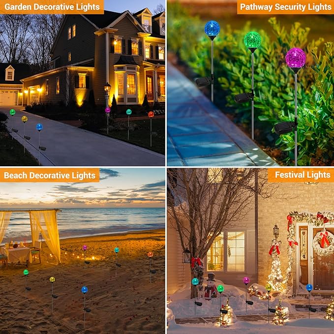 OxyLED Solar Outdoor Lights, 6 Pack Solar Stakes Crystal Cracked Glass LED Garden Globe Light Outdoor Waterproof, Color-Changing Auto On/Off, Pathway Lights for Landscape Patio Yard Decorations