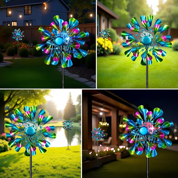 60'' Wind Spinner with Color Glass Ball Solar Lights, Green Peacock Feathers Metal Garden Outdoor Decor Yard Lawn Art Decor for Patio Kinetic Windmills Unique Gifts for Friends and Family
