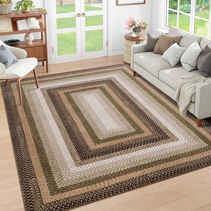 RUGSREAL Modern Rug for Entryway 3x5 Braided Washable Living Room Rug | Non Slip Small Dining Room Throw Carpet Stain Resistant Farmhouse Rustic Area Rug for Bedroom Kitchen, Moss/Brown
