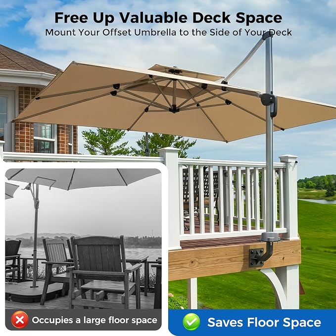 333'S Heavy Duty Deck Mounted Cantilever Umbrella Bracket System | Steel Side Mount for Purple Leaf Umbrella, Fits 6x6 Post or Rim Joist Outdoor Shade Installation
