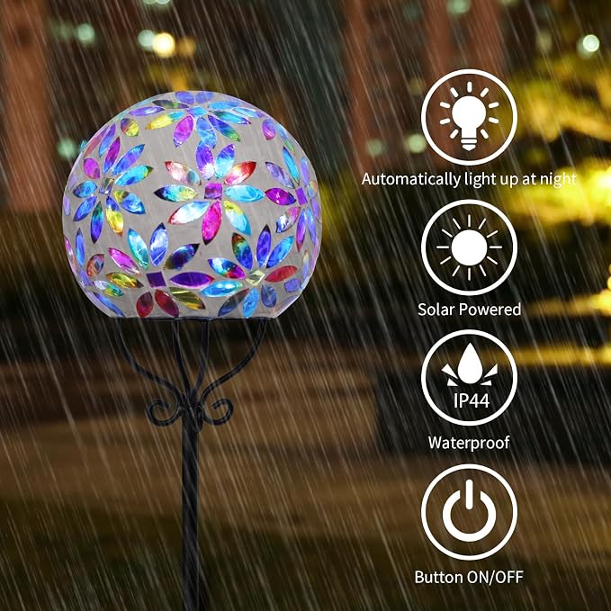VCUTEKA Decorative Solar Garden Lights, 6" Mosaic Globe Outdoor Stake | Mosaic Glass Design, Solar LED Light, Weather Resistant, Auto On/Off and Metal Stake Design For Lawn and Patio, Multi