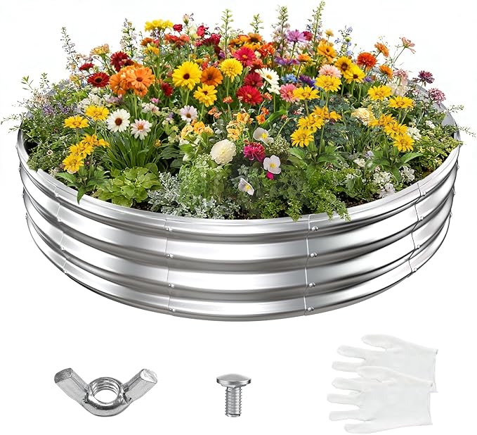 YSEJOMP 6FT Diameter Galvanized Garden Raised Bed/Plant Box/Fire Pit Ring-0.8mm Thick,12 Inch Tall,Crimped Edge and Corner,No Sharpe,Perfect for Plantings (Silver, 72 Dia X 11.5 inches)