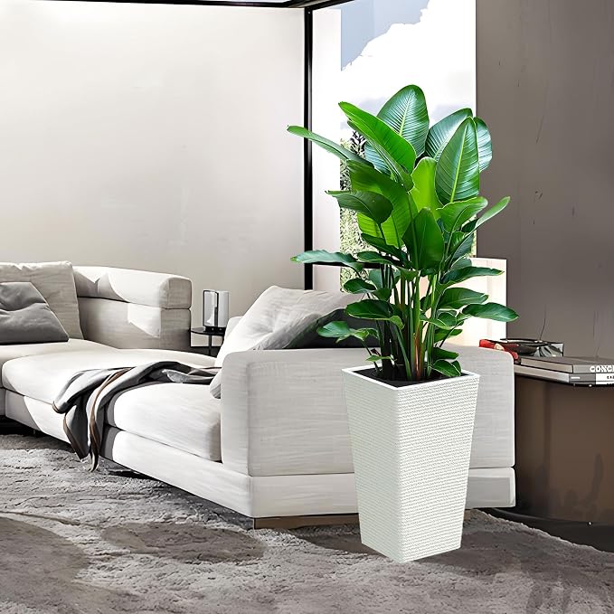 2 Sets Large Tall White Planters Planter 21''H x 12''W | Resin, Stone Finish, Tapered Design, Indoor/Outdoor, For Porch, Patio, Garden, Front Door