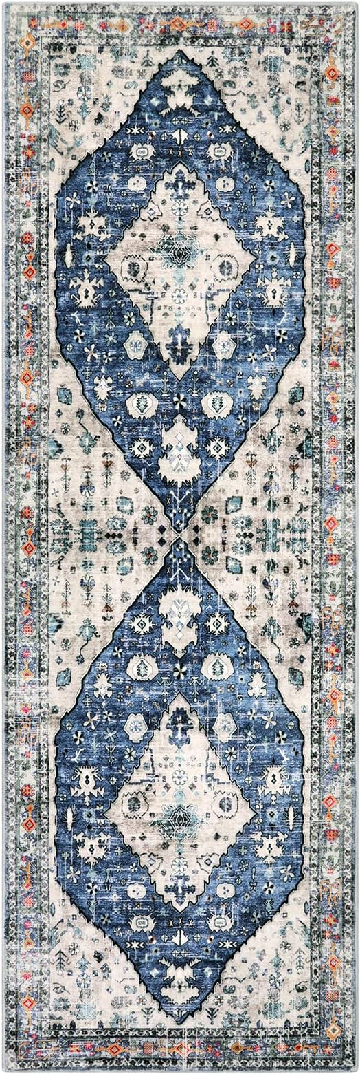 Lahome Felice Boho Tribal Runner Rug - 2x6 Kitchen Rug Runner for Living Room Entryway Mat, Turkish Soft Washable Non Slip Throw Office Carpet Runners for Bathroom Sunroom Mudroom Foyer, Blue