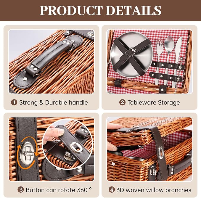 Picnic Basket Set for 2, Wicker Picnic Baskets with Waterproof Blanket and Cutlery Service Kit, Willow Hamper for Camping, Outdoors, Valentine's Day, Christmas, Birthday, Wedding Gift