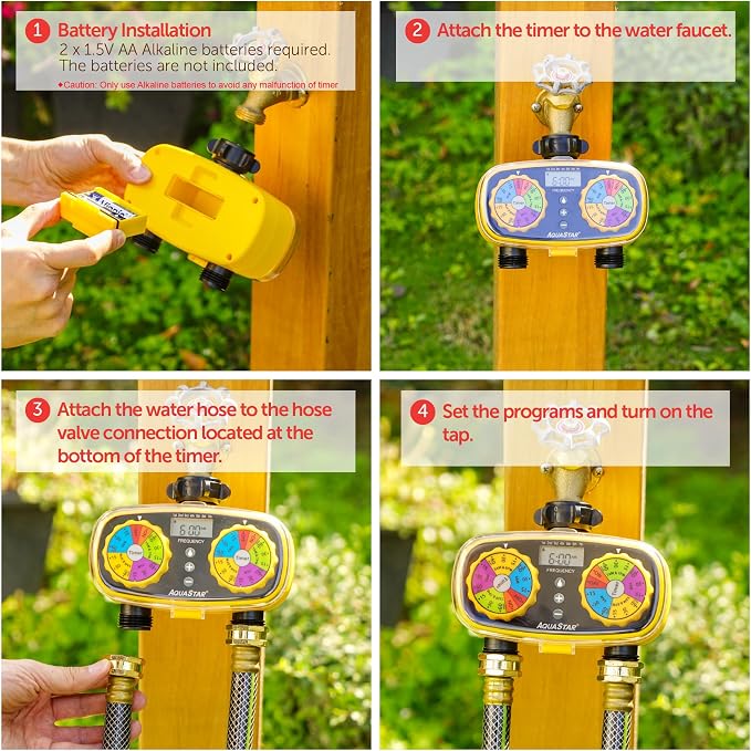 AQUASTAR Two-Zone Hose Watering Timer (Yellow), Automatic Irrigation for Lawn, Garden, Yard, Two Outlets