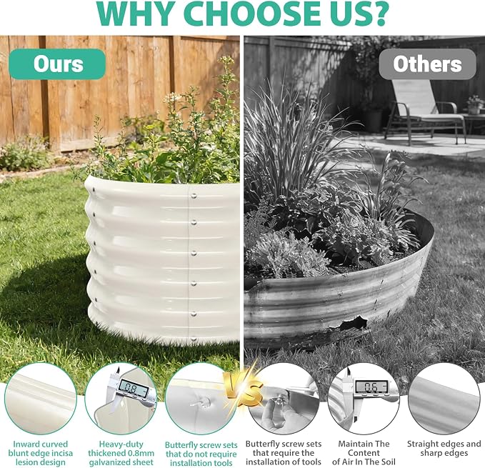 YSEJOMP 17" Tall Round Outdoor Garden Raised Garden Bed Kits-0.8MM Thick Metal Raised Planter Bed/Ground Planter Box for Variety of Flowers,Herbs,Vegetables,Trees (Cream White, 24 Dia X 16.5 inches)