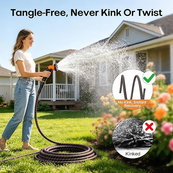 Garden Hose, 3/4" Flexible Water Hose Ultra Lightweight, Non-Expandable with 10 Function Nozzle, Kink-Free, Leak-Proof, 360° Swivel, Abrasion Resistant & Easy to Store for Yard Lawn, Outdoor (75ft)