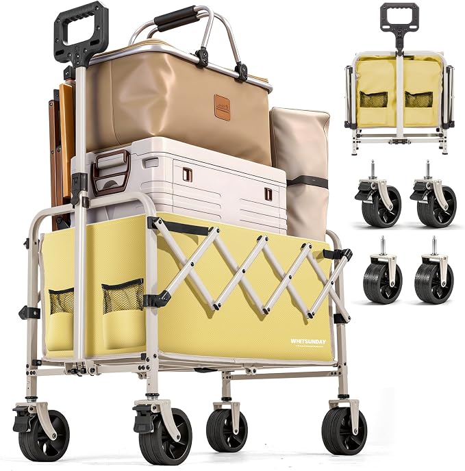 Collapsible Folding Wagon Cart, Heavy Duty Utility Wagons with Wheels,Portable Utility Cart for Camping,Garden,Beach,Sports Yellow