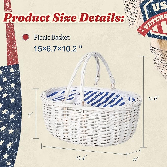 Wicker Picnic Basket with Insulated Lined Bag 15“ x 11” x 7“ Blue, White Star Stripe Pattern, Iced Beer Insulated Bag for Camping, Picnics, Birthday Gifts, Wedding Gifts