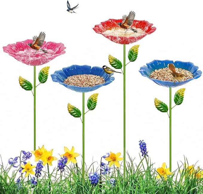 4 Pack Bird Baths for Outdoors, Colorful Metal Bird Bath for Outside, Hummingbird Bath with Five Stakes, Garden Flower Small Birdbath for Garden Decor (Royal Blue,Pink,Cyan,Deep Red)